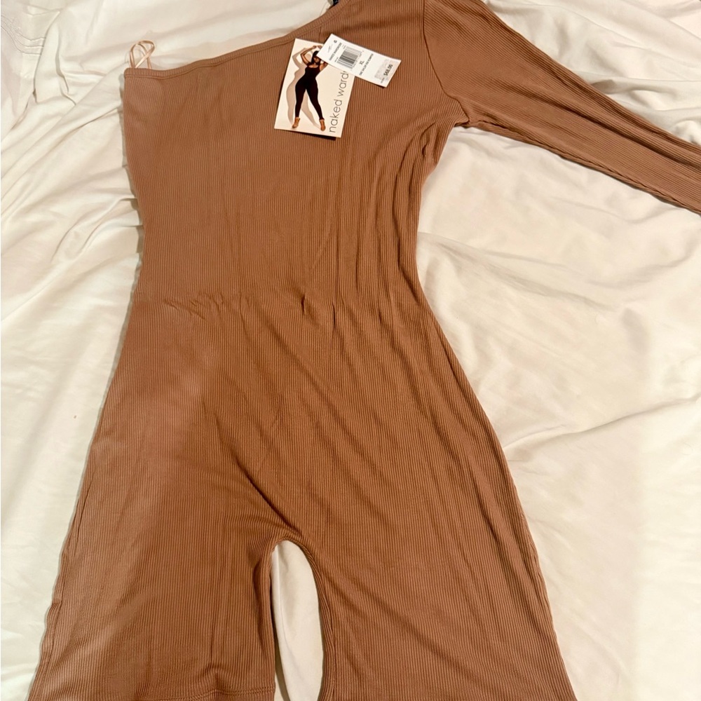 Naked Wardrobe One-Shoulder Ribbed Jumpsuit in Camel